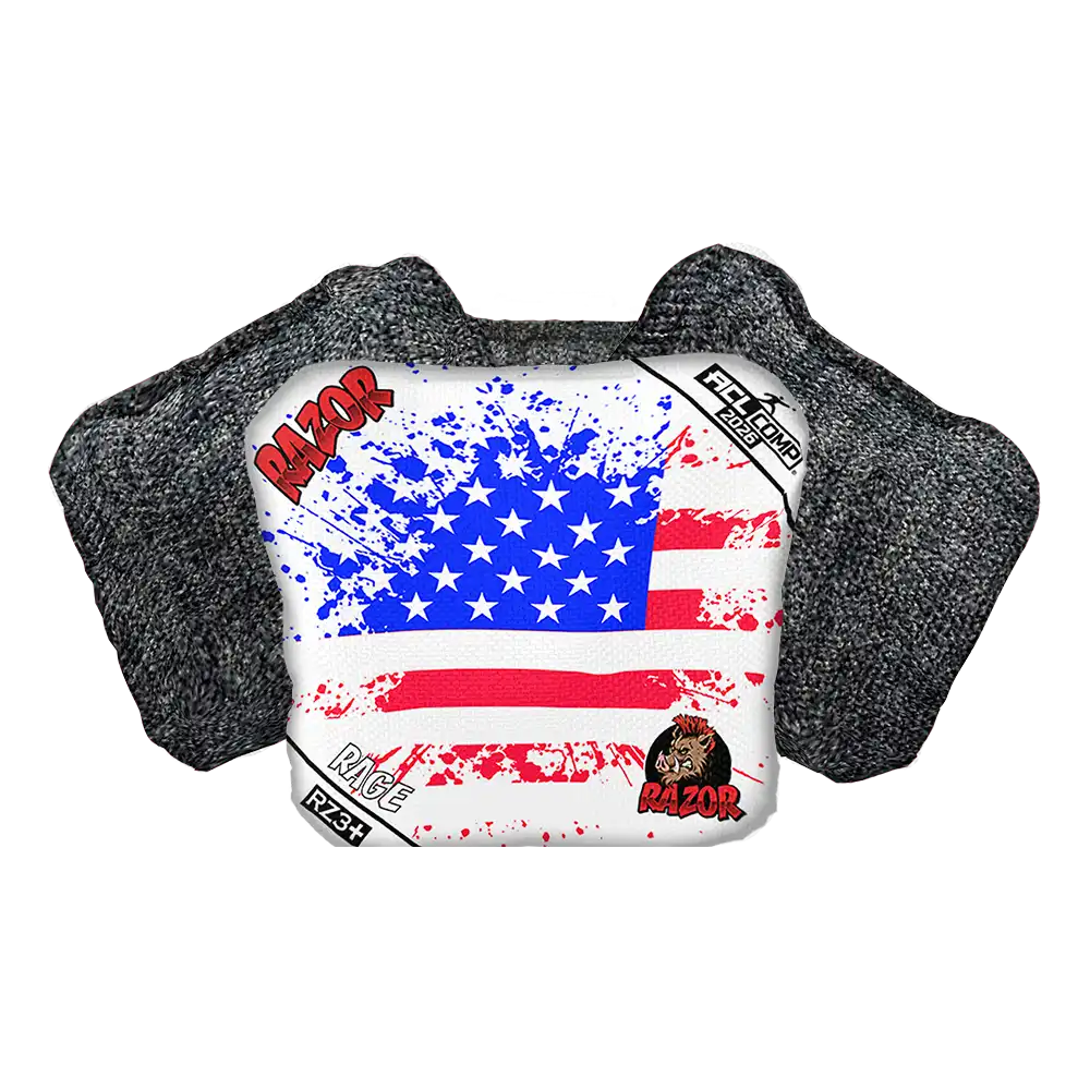Cornhole bag with American flag design and 'Razor' branding on a white background