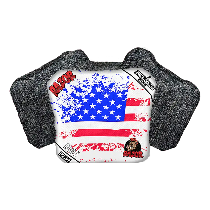 Cornhole bag with American flag design and 'Razor' branding on a white background