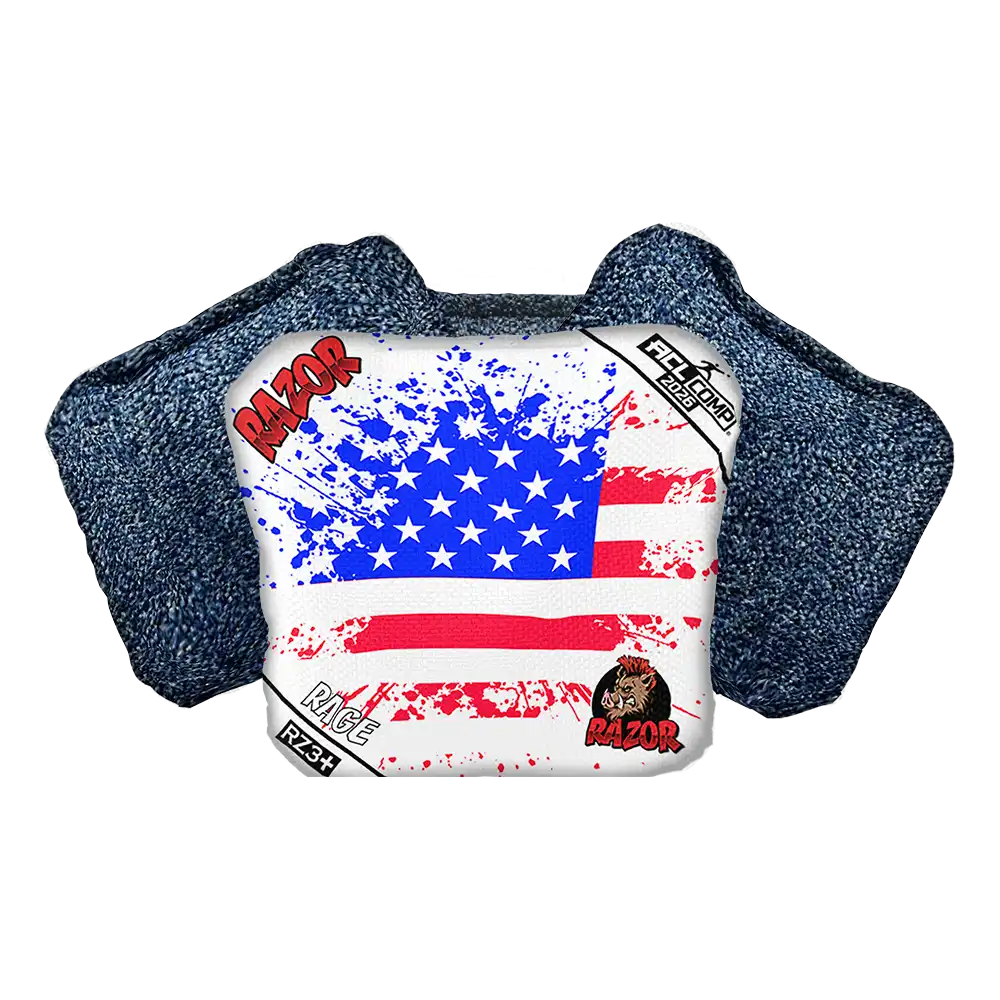 Cornhole bag with American flag design and 'RAZOR' branding on a white background