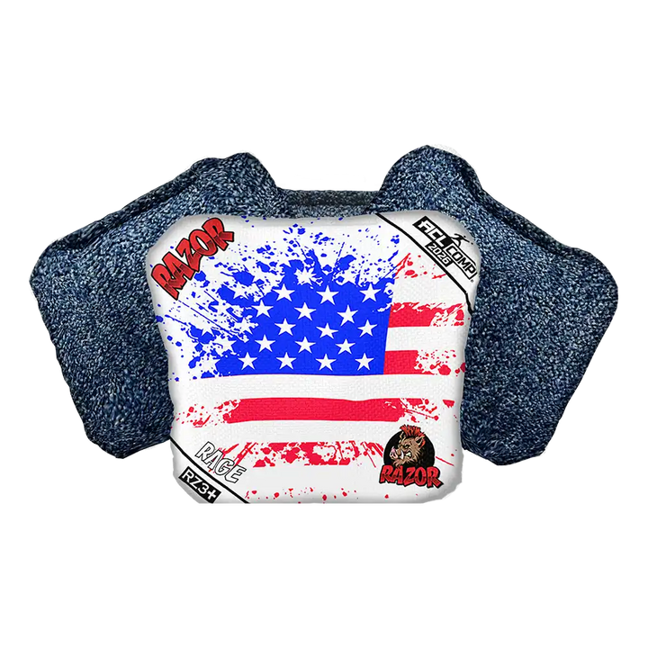 Cornhole bag with American flag design and 'RAZOR' branding on a white background