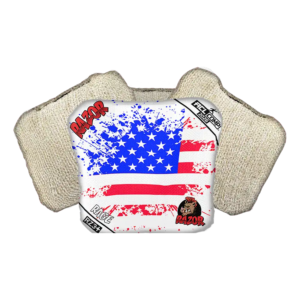 Cornhole bag with an American flag design and 'RAZOR' branding on a white background.