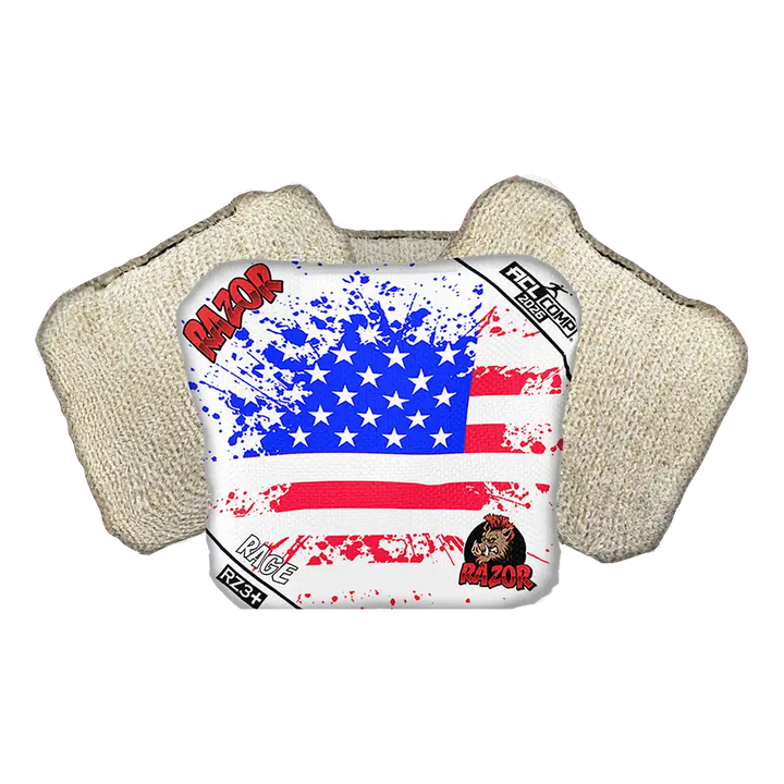 Cornhole bag with an American flag design and 'RAZOR' branding on a white background.