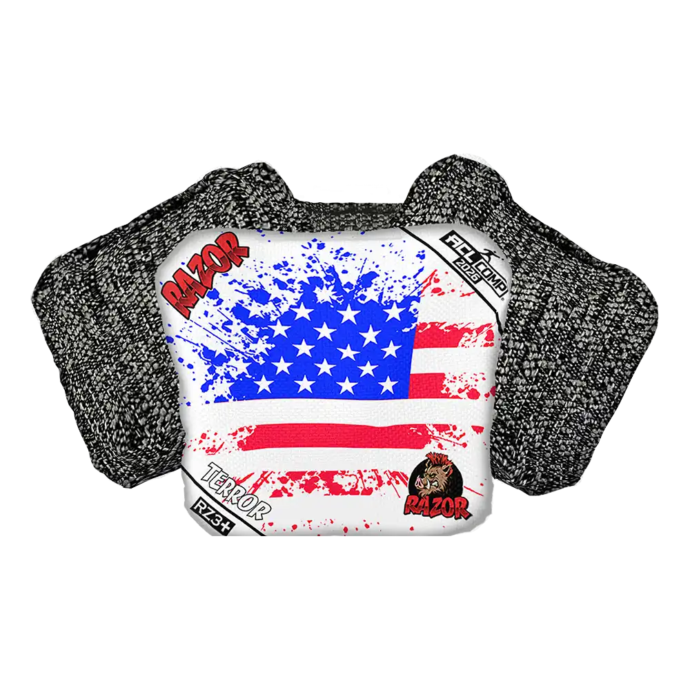 Cornhole Bag with American flag design and 'RAZOR' branding on a white background