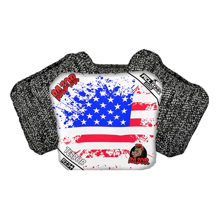 Cornhole Bag with American flag design and 'RAZOR' branding on a white background