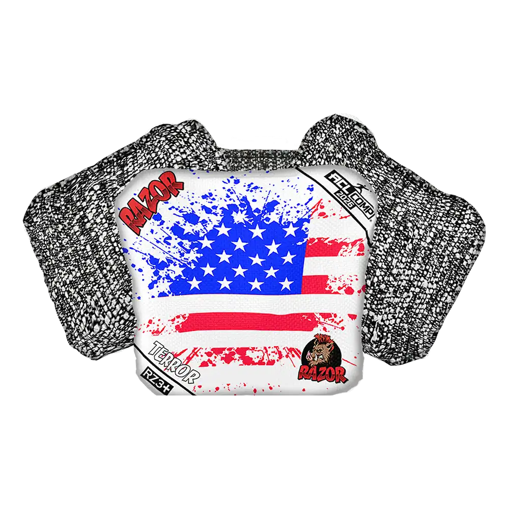 Cornhole Bag with American flag design and 'RAZOR' branding on a white background