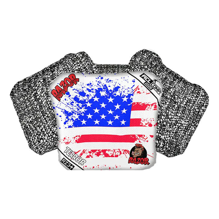 Cornhole Bag with American flag design and 'RAZOR' branding on a white background