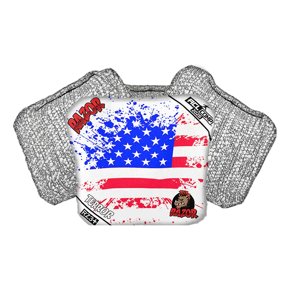 Cornhole Bag with American flag design and 'RAZOR' branding on a white background