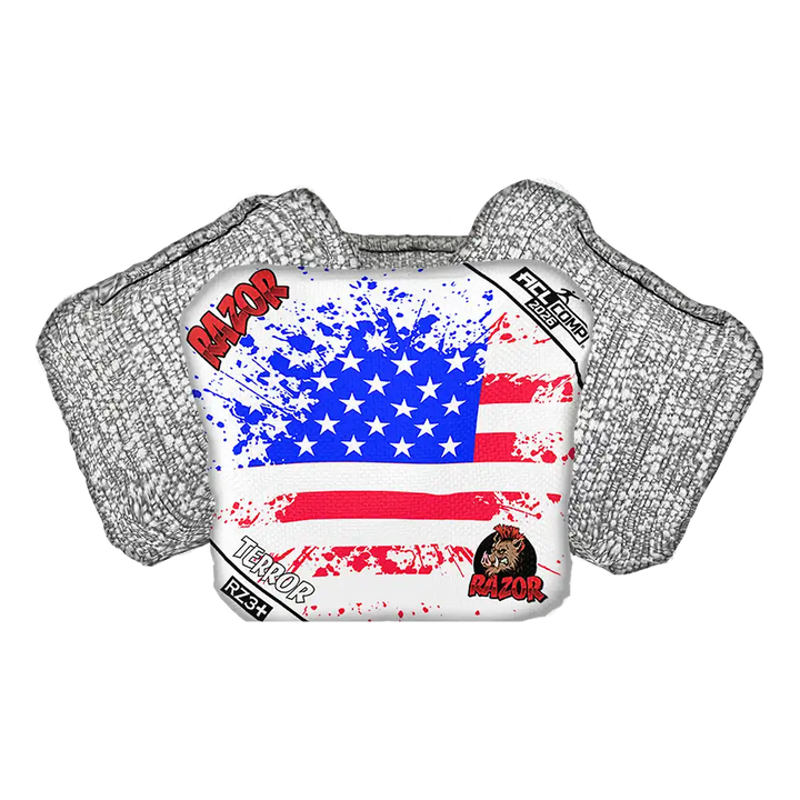 Cornhole Bag with American flag design and 'RAZOR' branding on a white background