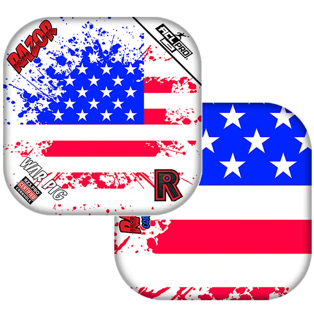 Cornhole bags with American flag design and visible branding on a white background
