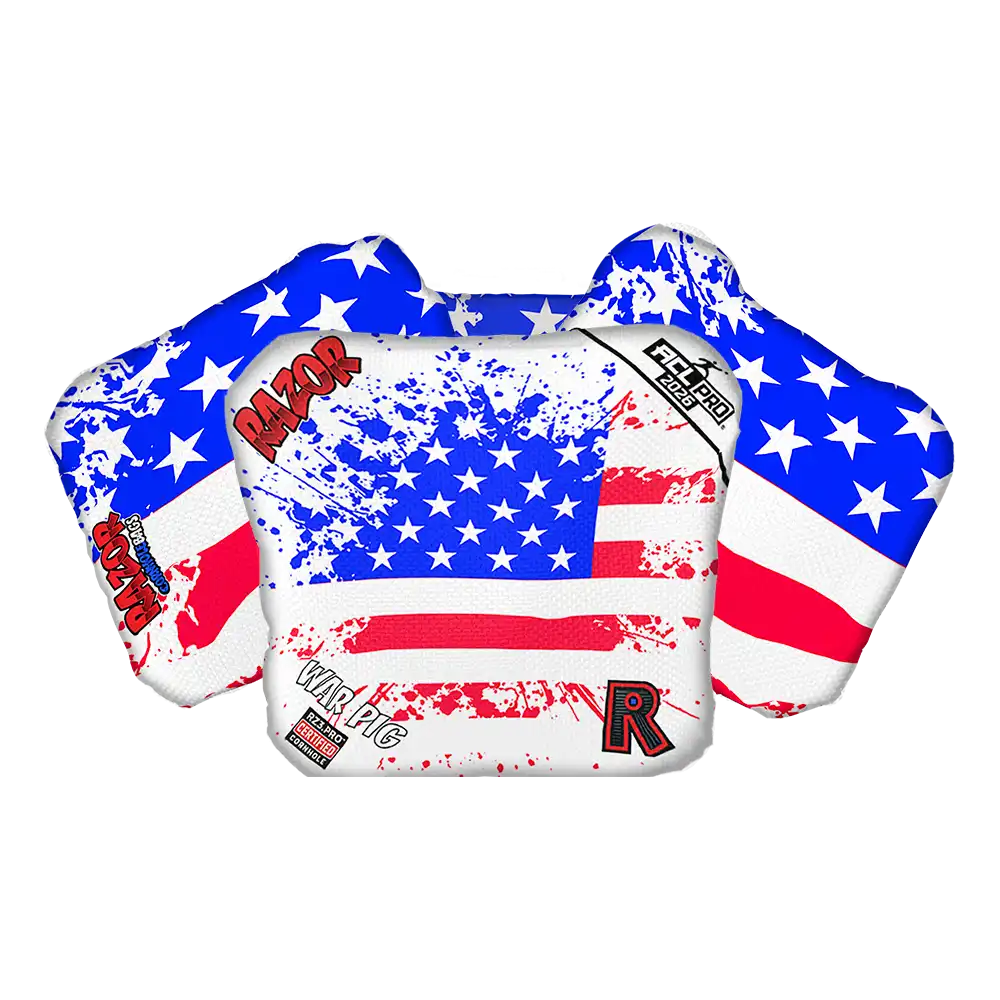 Cornhole bags with American flag design and visible branding on a white background