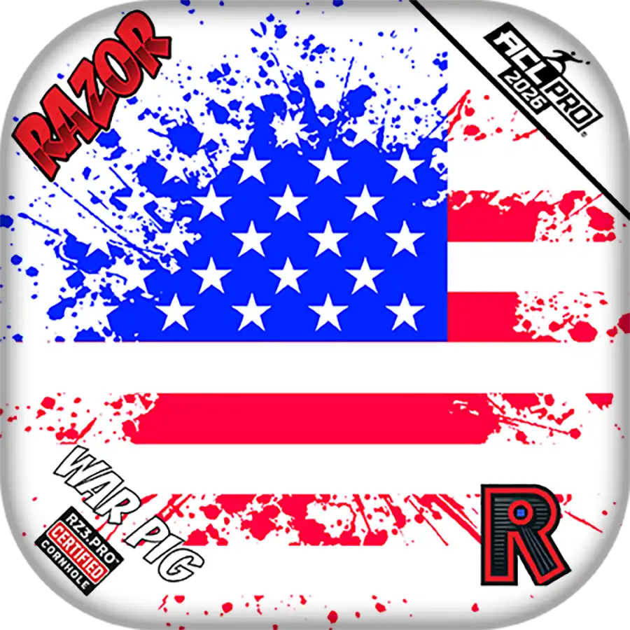 Cornhole bags with American flag design and various brand logos.