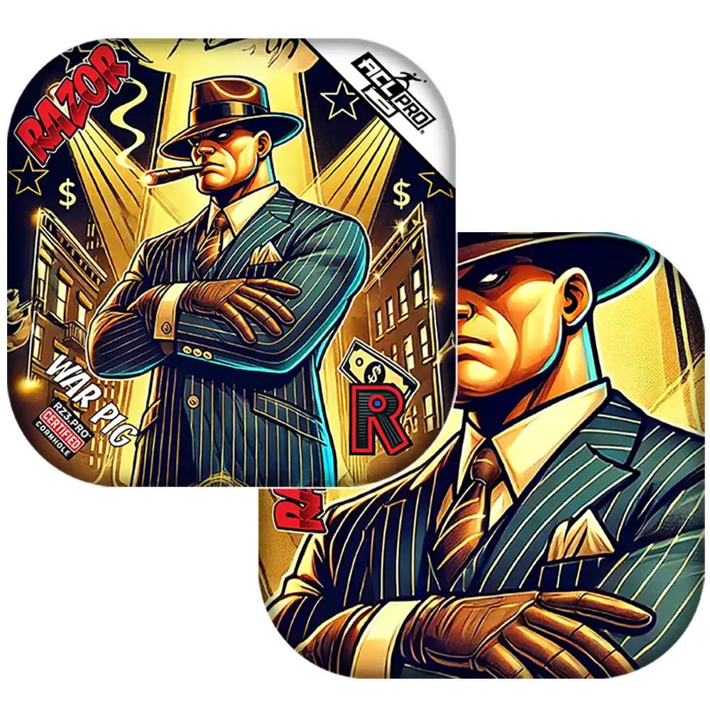 Cornhole bags with an illustration of a character in a suit with a cityscape background, featuring the letter 'R'.