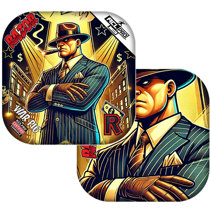 Cornhole bags with an illustration of a character in a suit with a cityscape background, featuring the letter 'R'.