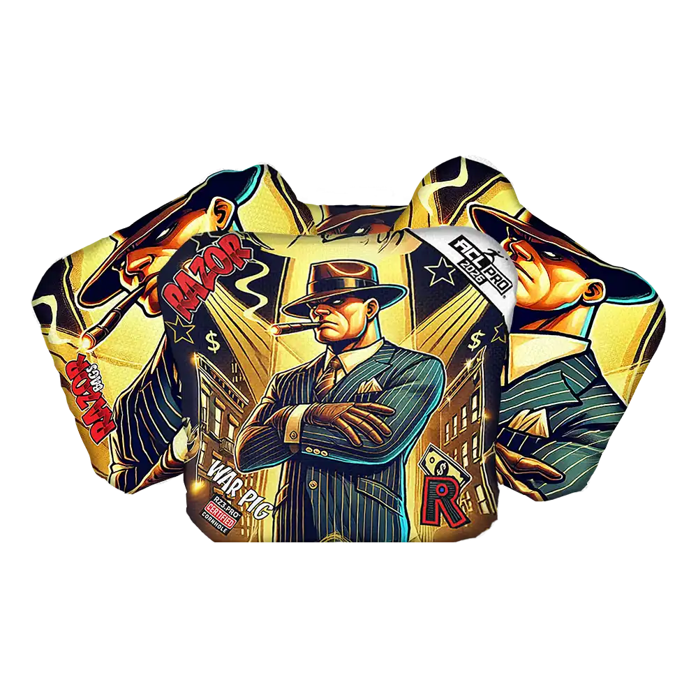 Cornhole bags with a graphic design of a man in a suit and hat, and text on a white background.