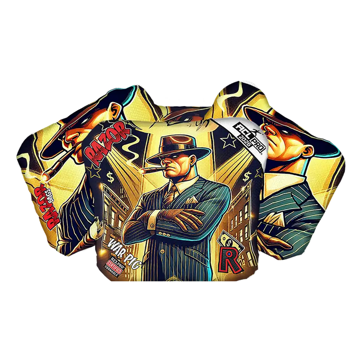 Cornhole bags with a graphic design of a man in a suit and hat, and text on a white background.