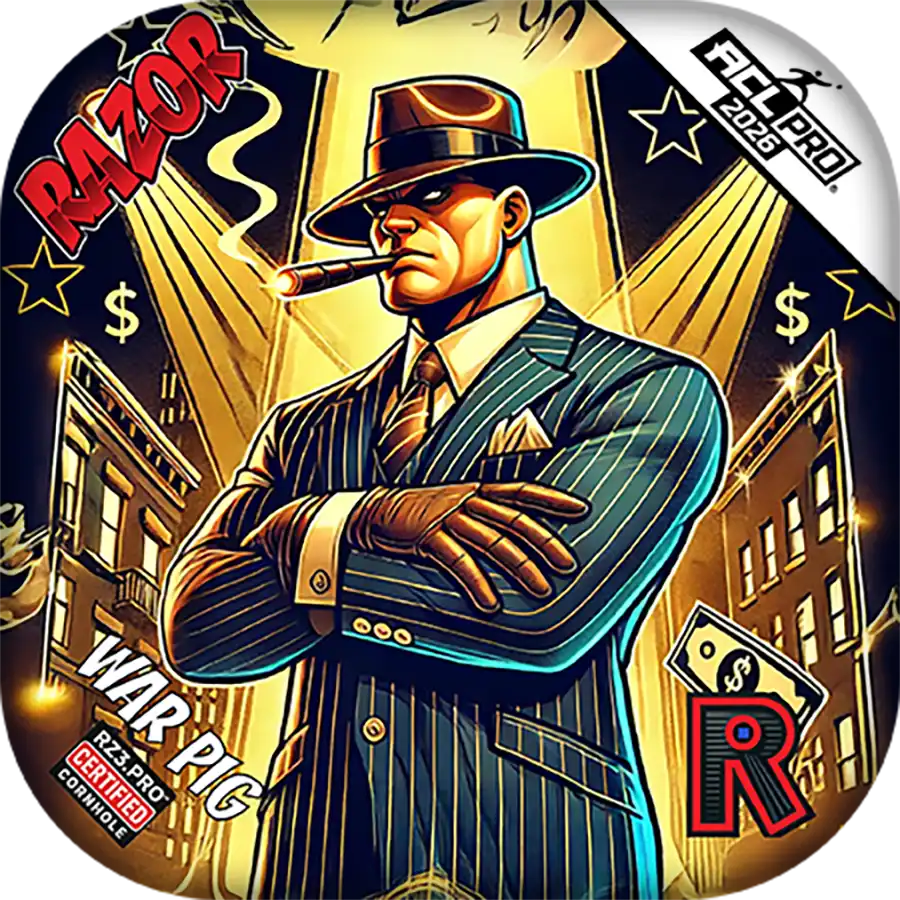 Cornhole bags with a stylized man in a suit and hat, surrounded by text and graphics.