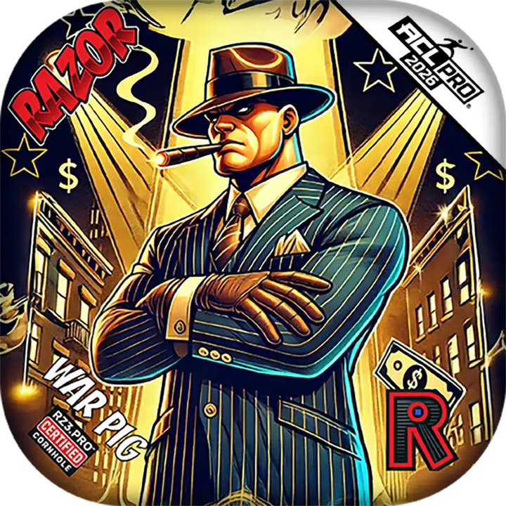 Cornhole bags with a stylized man in a suit and hat, surrounded by text and graphics.