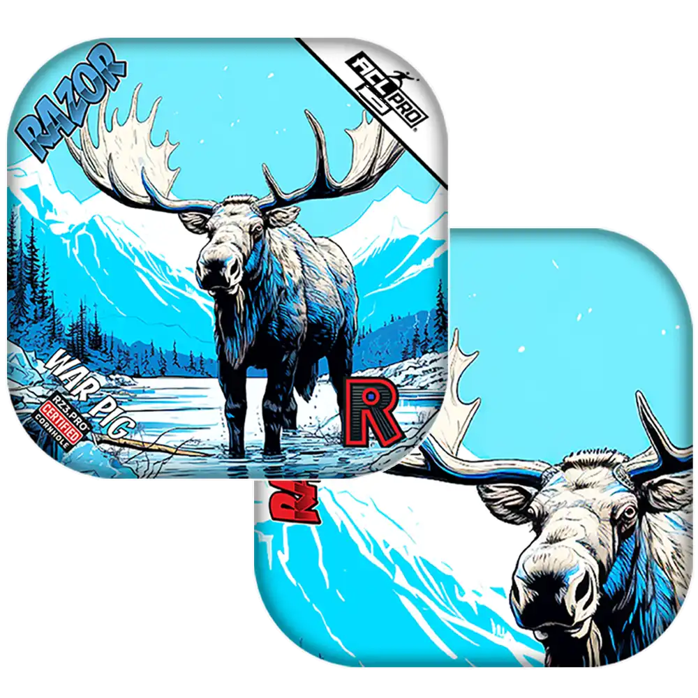 Moose-themed Cornhole bags with a mountain and blue sky background