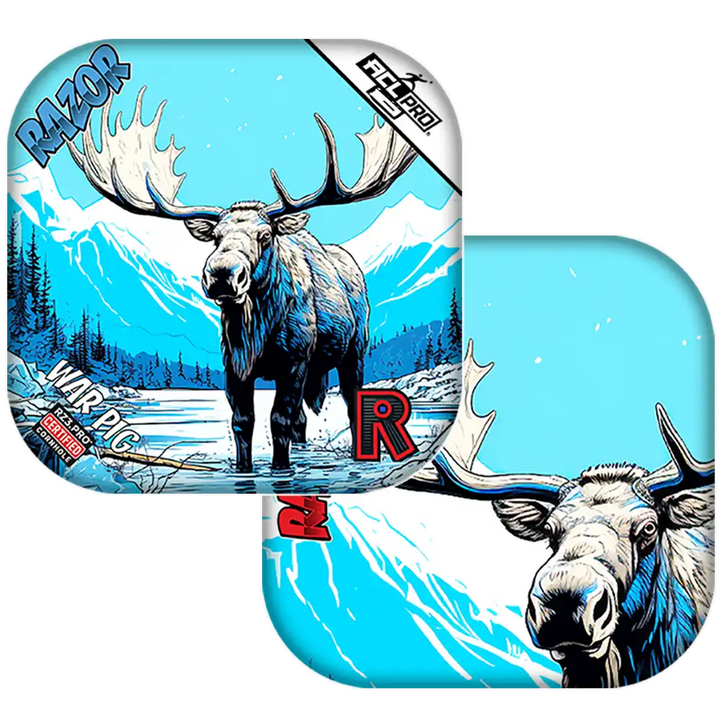 Moose-themed Cornhole bags with a mountain and blue sky background