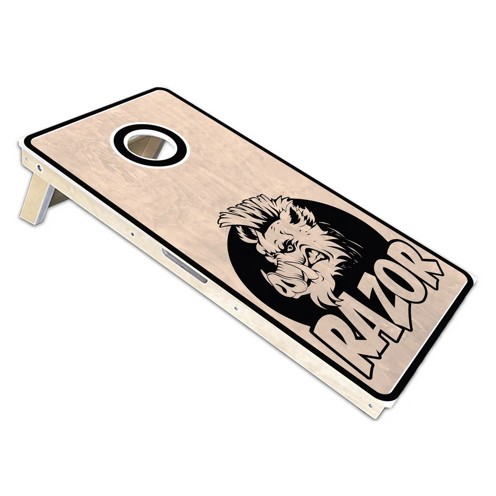 Wooden cornhole board with a boar design and 'RAZOR' text on a white background