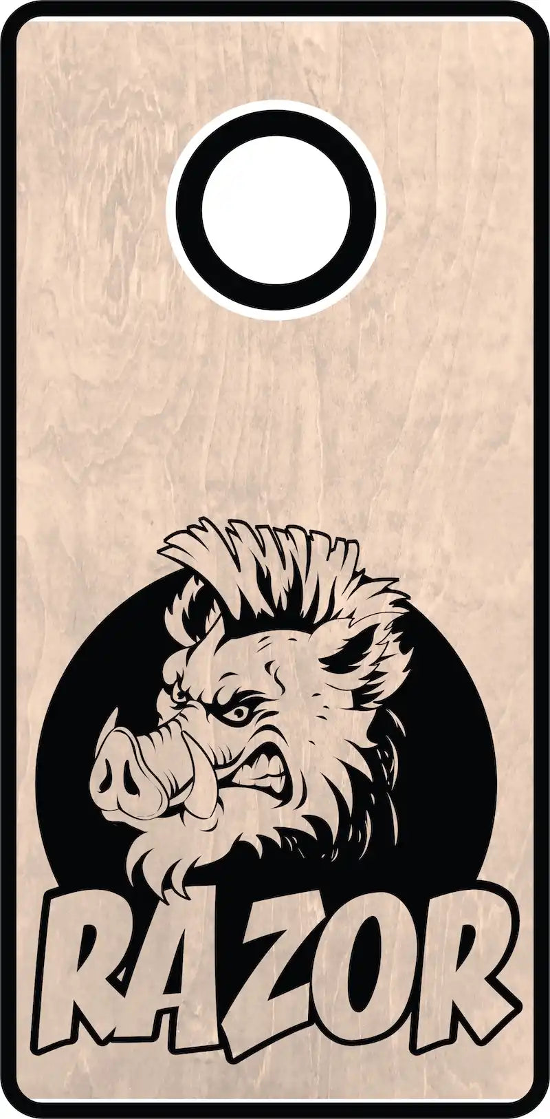 Wooden cornhole board with a boar design and 'RAZOR' text on a beige background