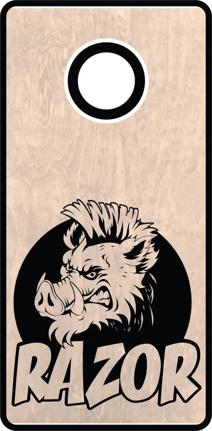Wooden cornhole board with a boar design and 'RAZOR' text on a beige background