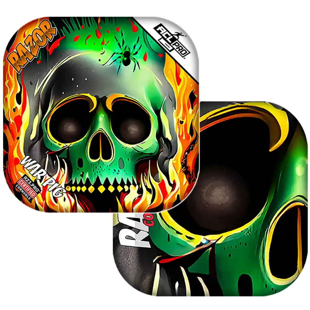 Colorful skull design on a razor Cornhole bags with visible branding.