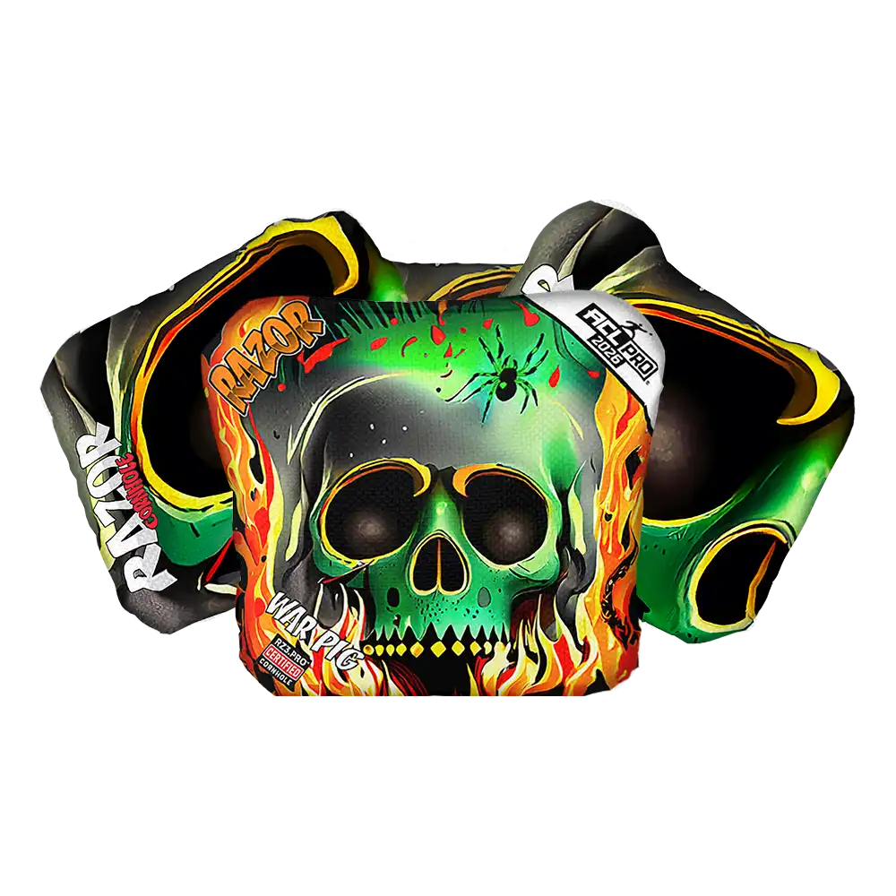 Colorful Cornhole bags with skull design and 'Razor' branding on a white background