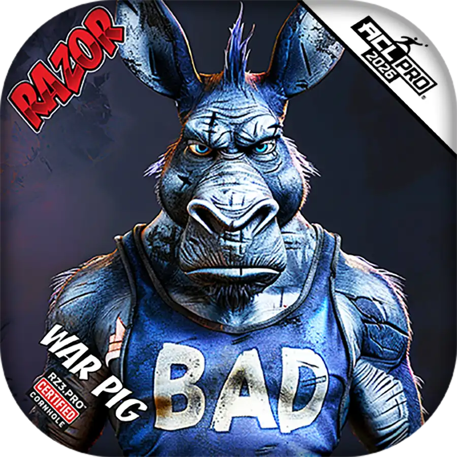 Cornhole bags with Animated character with 'BAD' on its chest, surrounded by text and logos.