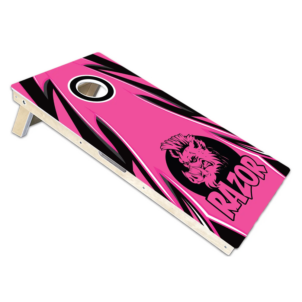 Pink and black cornhole board with a logo and the word 'Razer'.