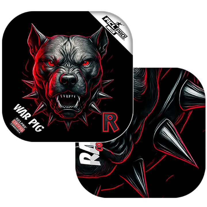 Cornhole bags with a graphic of a dog and the brand 'R' on a black background.