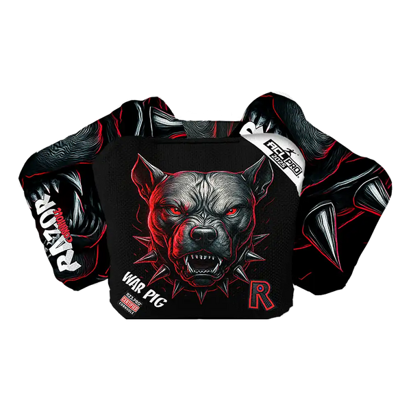 Cornhole bags with a graphic of a pit bull and Razor logo on a white background