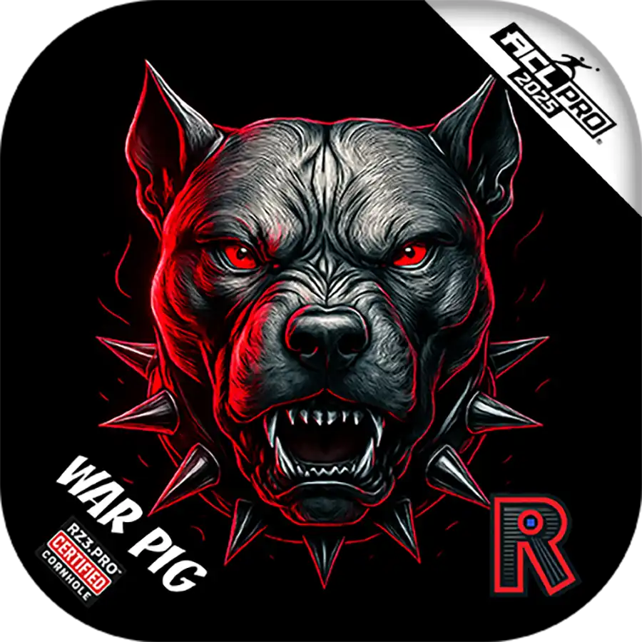 Cornhole bags with Stylized illustration of a angry dog with red eyes and spikes on a black background, featuring the brand 'RZ3 Pro'.