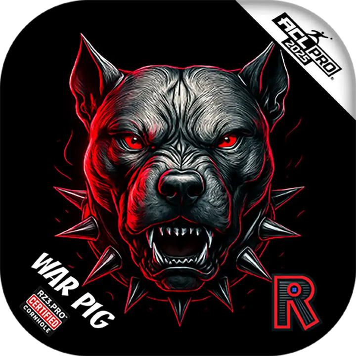 Cornhole bags with Stylized illustration of a angry dog with red eyes and spikes on a black background, featuring the brand 'RZ3 Pro'.