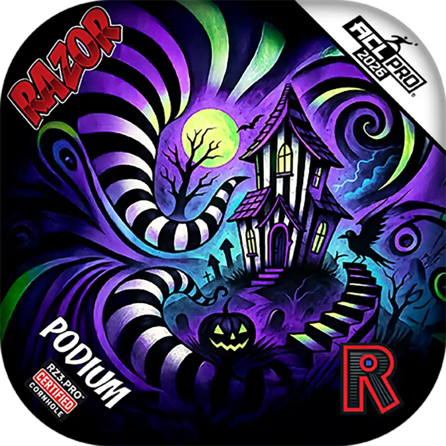 Halloween-themed Razor podium with colorful design, including a haunted house and pumpkin.