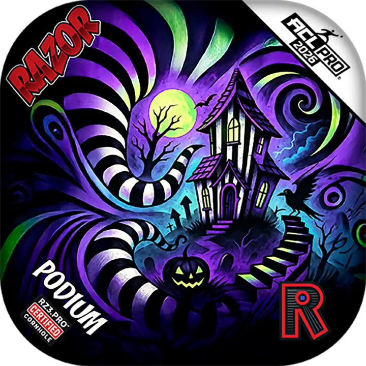 Halloween-themed Razor podium with colorful design, including a haunted house and pumpkin.