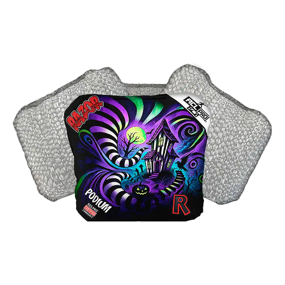 Colorful cornhole bag with brand logos on a white background