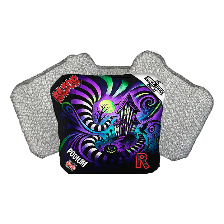 Colorful cornhole bag with brand logos on a white background