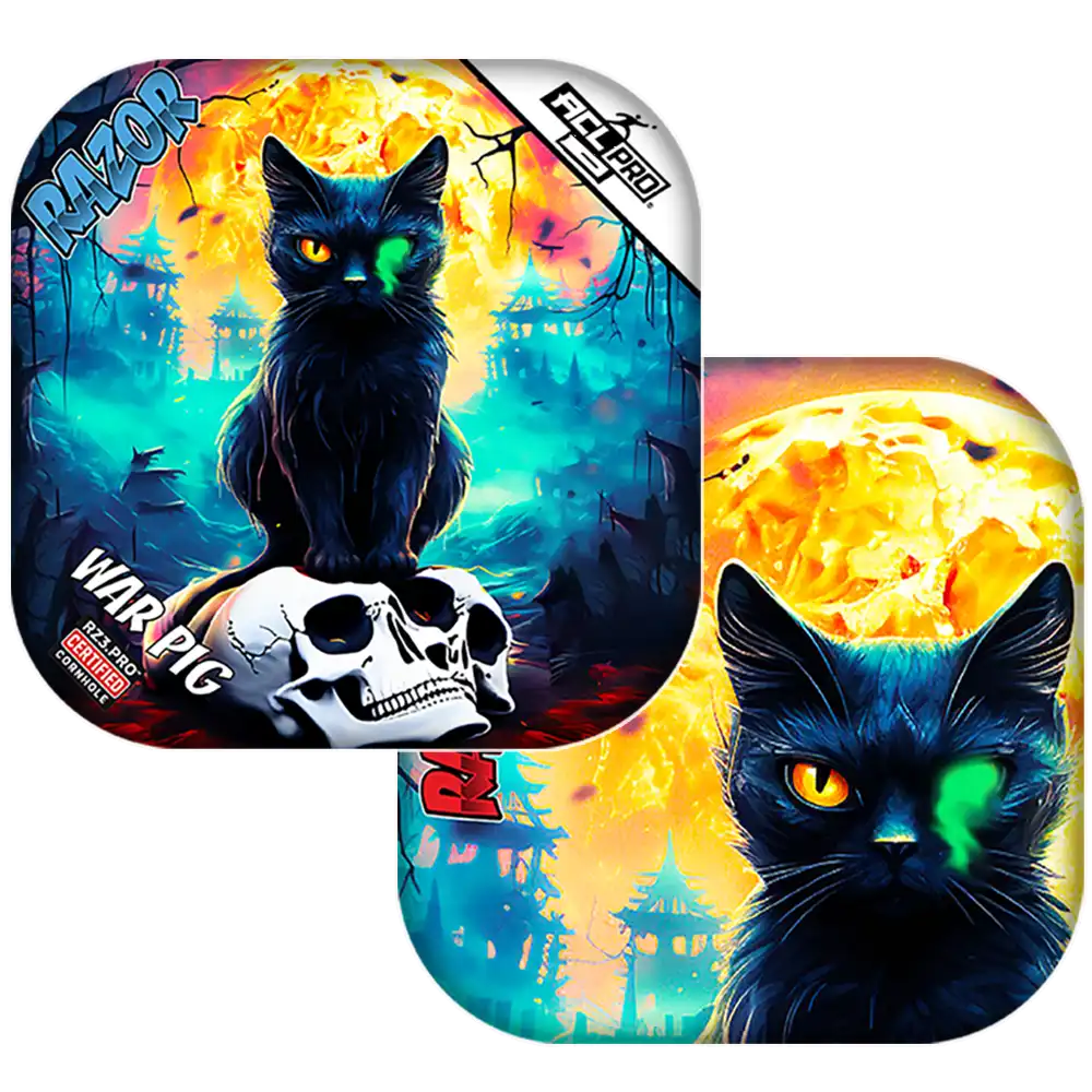 Cornhole bags featuring a black cat with glowing eyes and a colorful background.