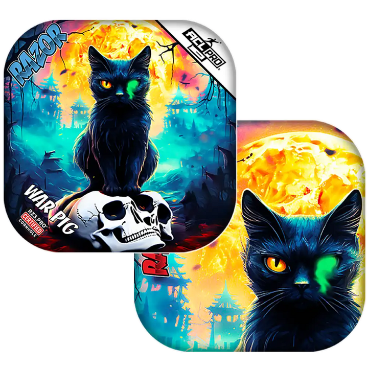 Cornhole bags featuring a black cat with glowing eyes and a colorful background.