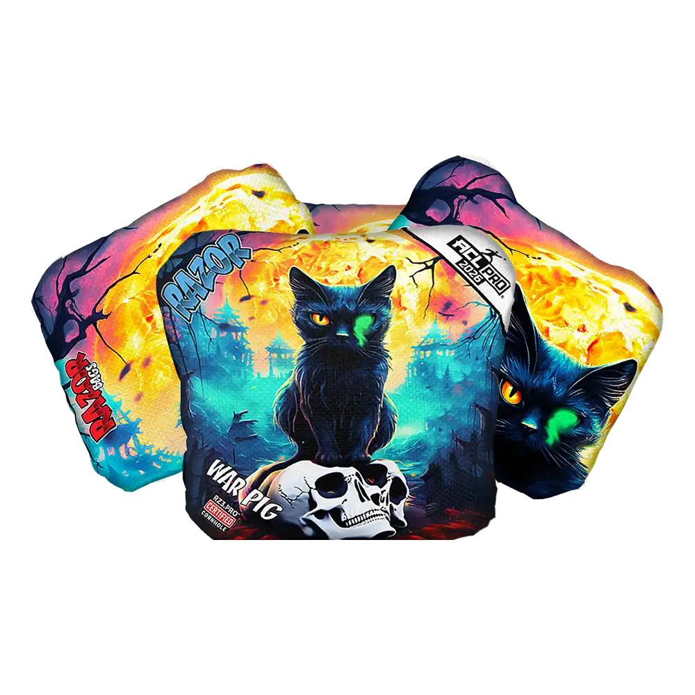 Colorful Cornhole bags with black cats and skull design on a white background