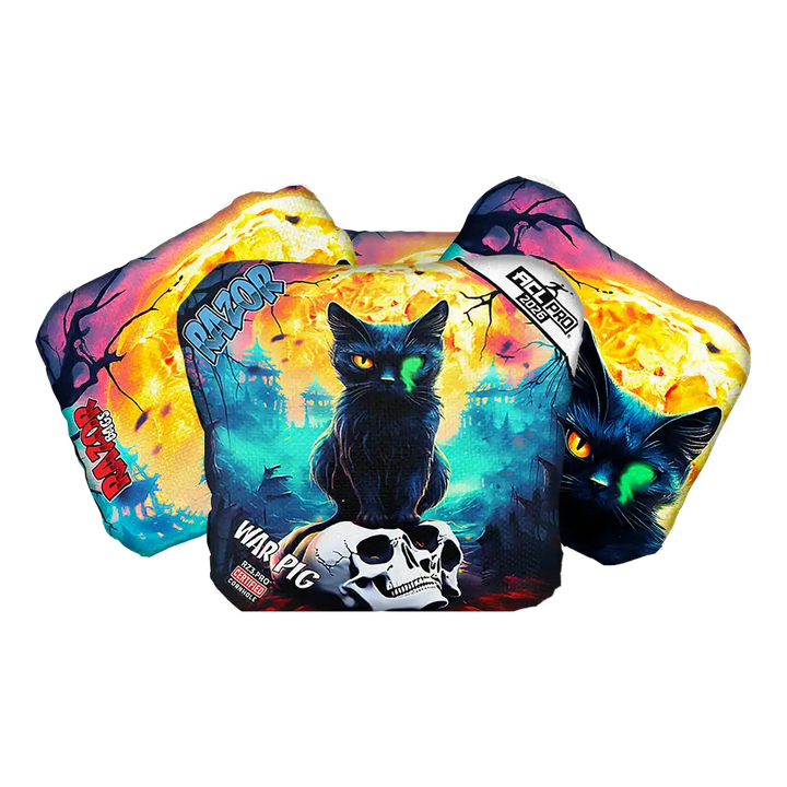Colorful Cornhole bags with black cats and skull design on a white background