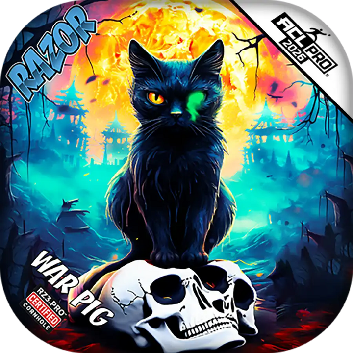 Colorful Cornhole bags with a black cat, skull, and fiery background