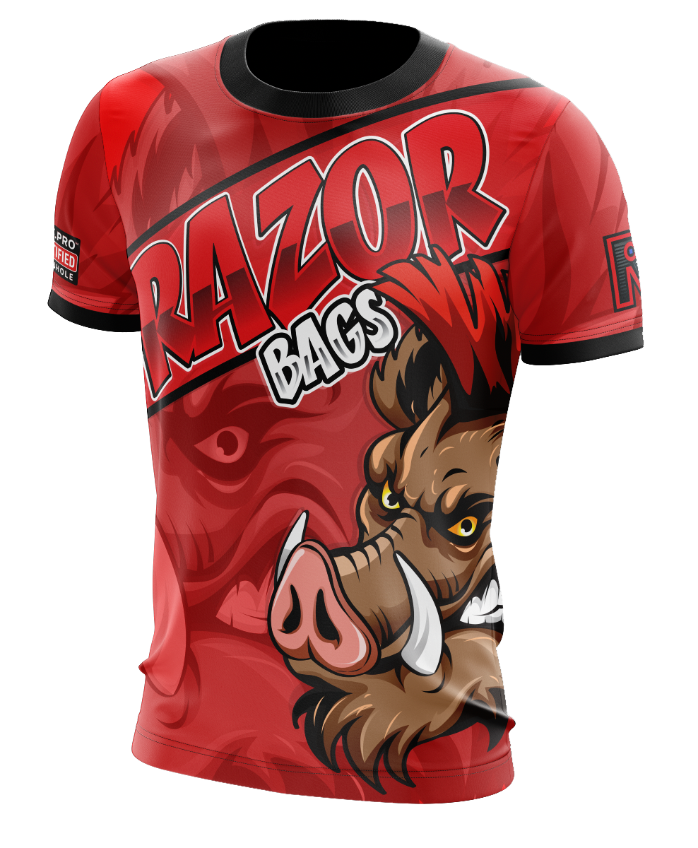 Red t-shirt with a boar graphic and 'RAZOR BAGS' text on a white background