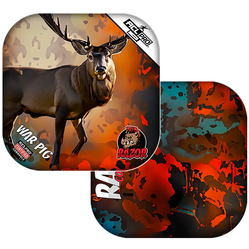Cornhole bags with camouflage-patterned with a deer illustration and 'Razor' branding on a white background.