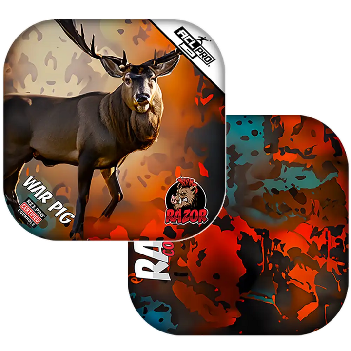 Cornhole bags with camouflage-patterned with a deer illustration and 'Razor' branding on a white background.