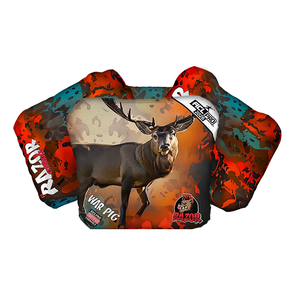 Decorative Cornhole bags with a deer design and 'Razor' branding on a colorful background