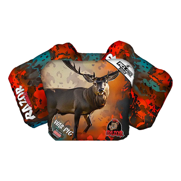Decorative Cornhole bags with a deer design and 'Razor' branding on a colorful background