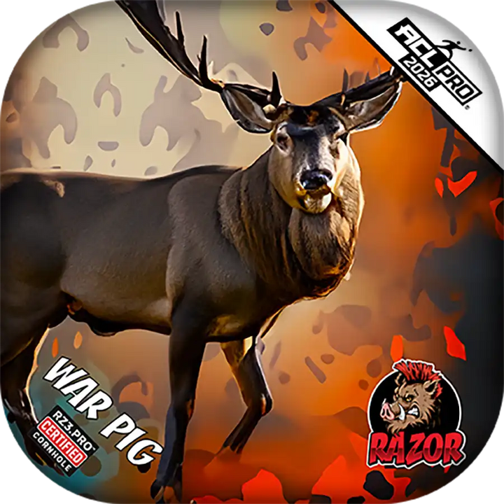 Cornhole bags with Deer with camouflage pattern and Razor logo on a circular background