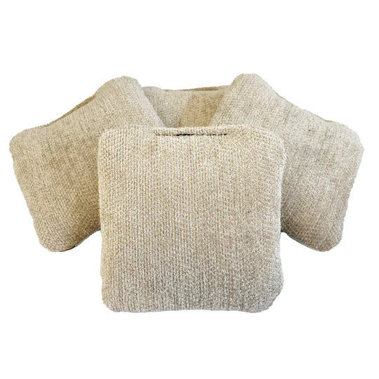 Beige textured fabric Cornhole bags on a white background